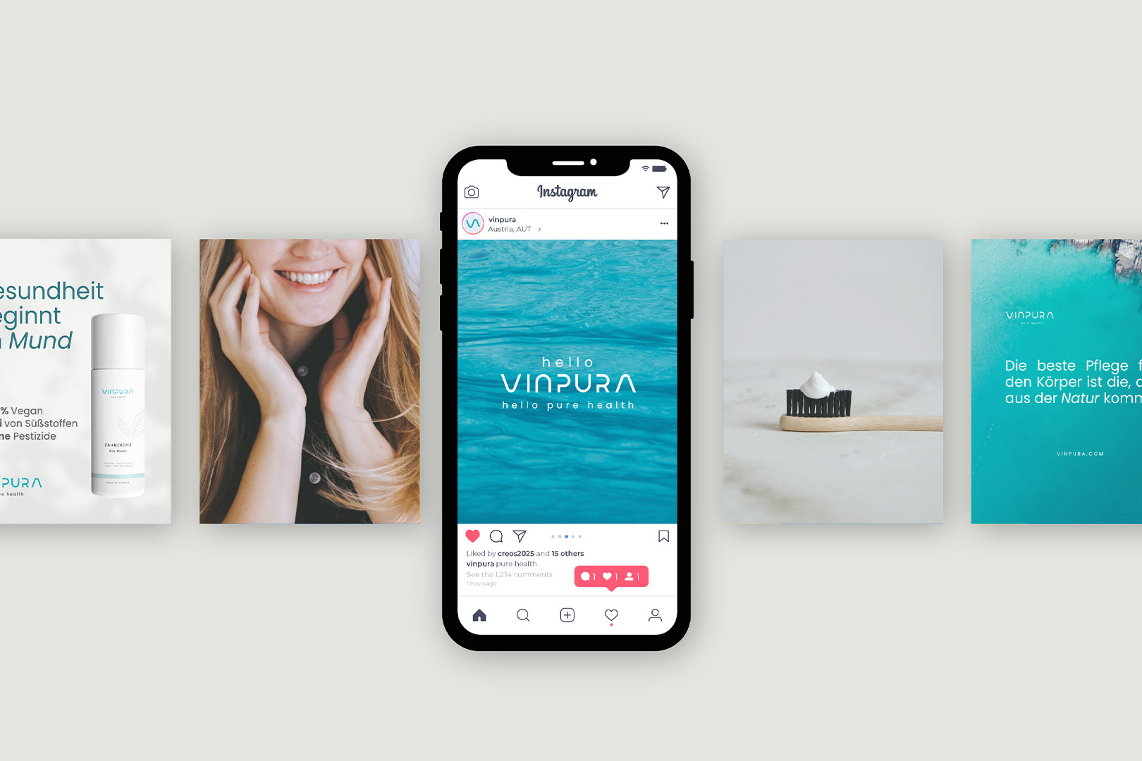 vinpura-social-media-insta-feed Handy mit Instagram-Beiträgen und Produkten in der Social Media Agentur