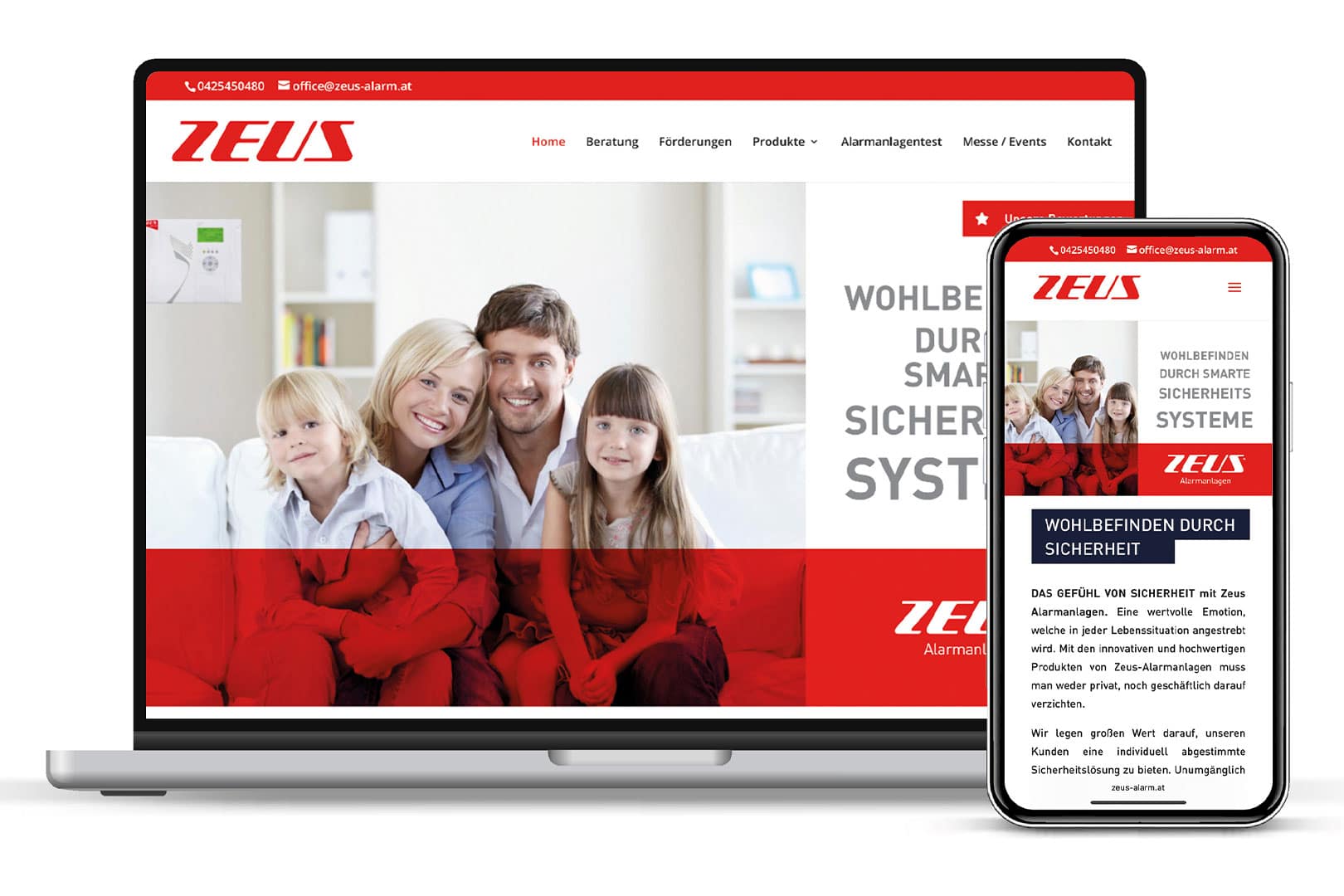 Moderne Sicherheitslösungen für Zuhause - Website Zeus auf Bildschirmen