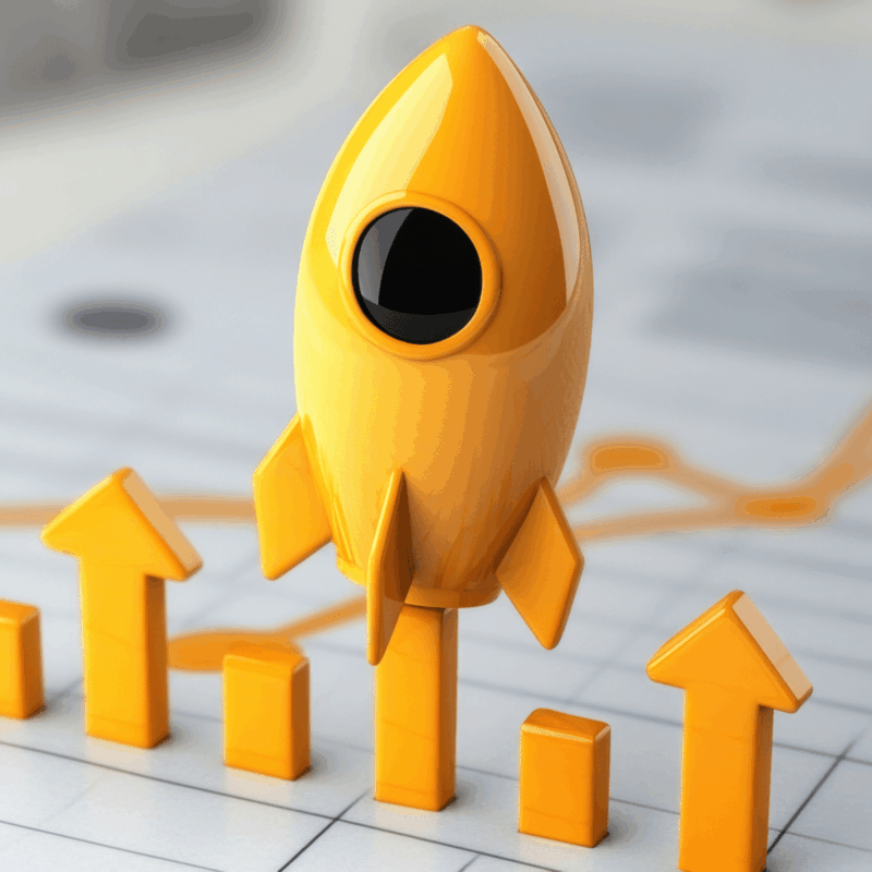 KI Trends 2026 - kleine orange Rakete hebt von Diagramm ab.